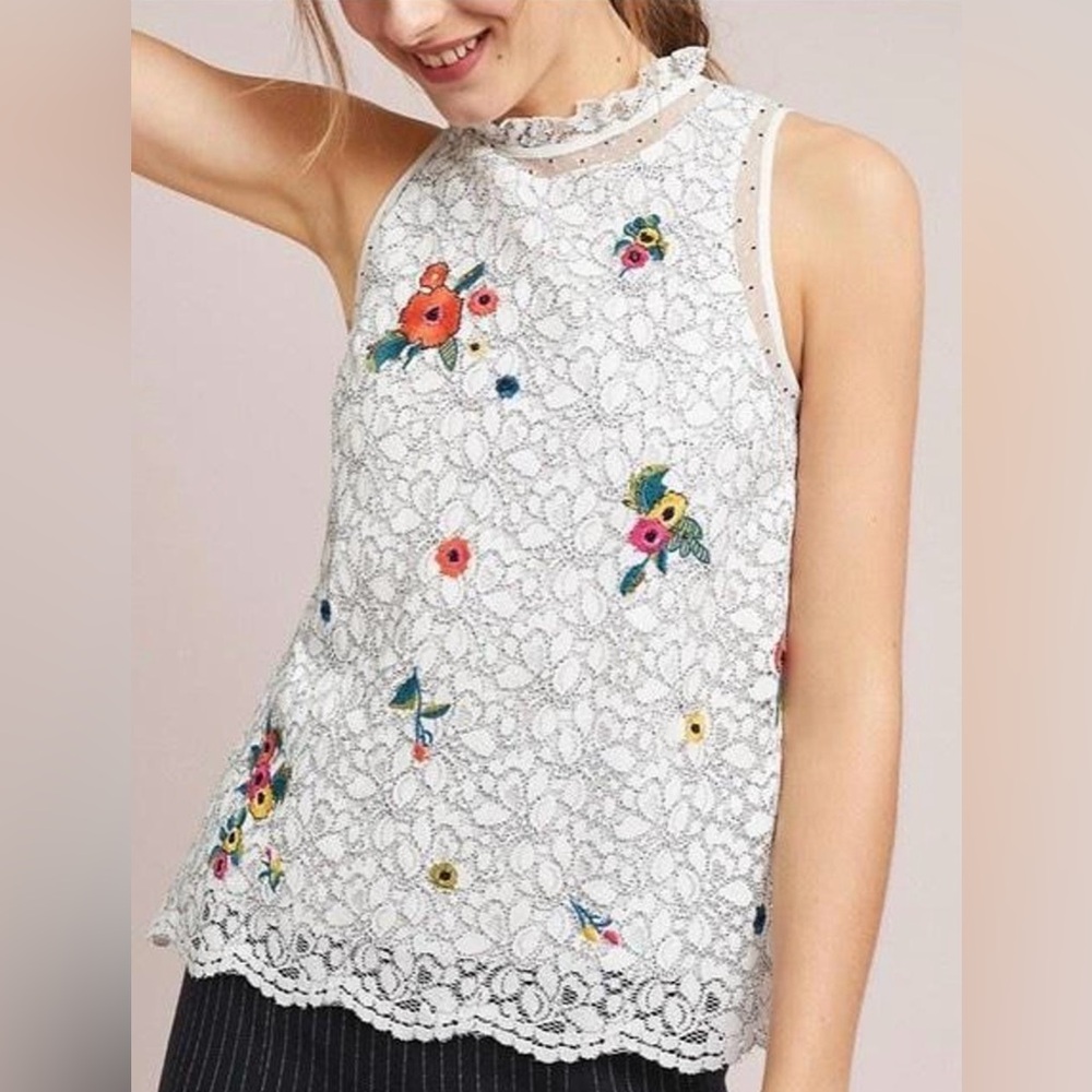 Anthropologie Maeve Macie Top White‎ Lace Beaded Floral Embroidered Size 4